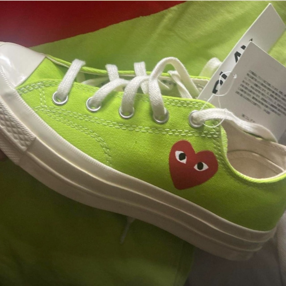 Comme des Garcons Neon Green Sneakers with Red Heart
